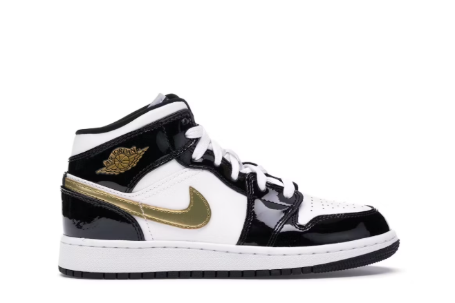 Jordan 1 Mid Patent Black White Gold (GS)