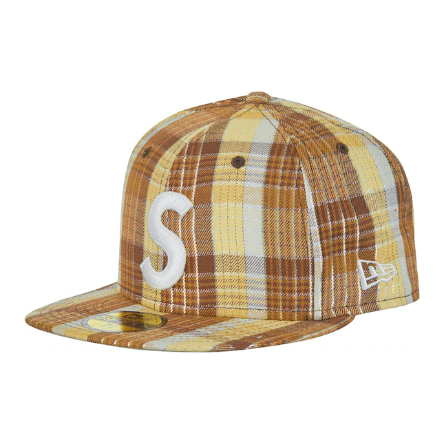 Supreme Metallic Plaid S Logo New Era Hat Brown