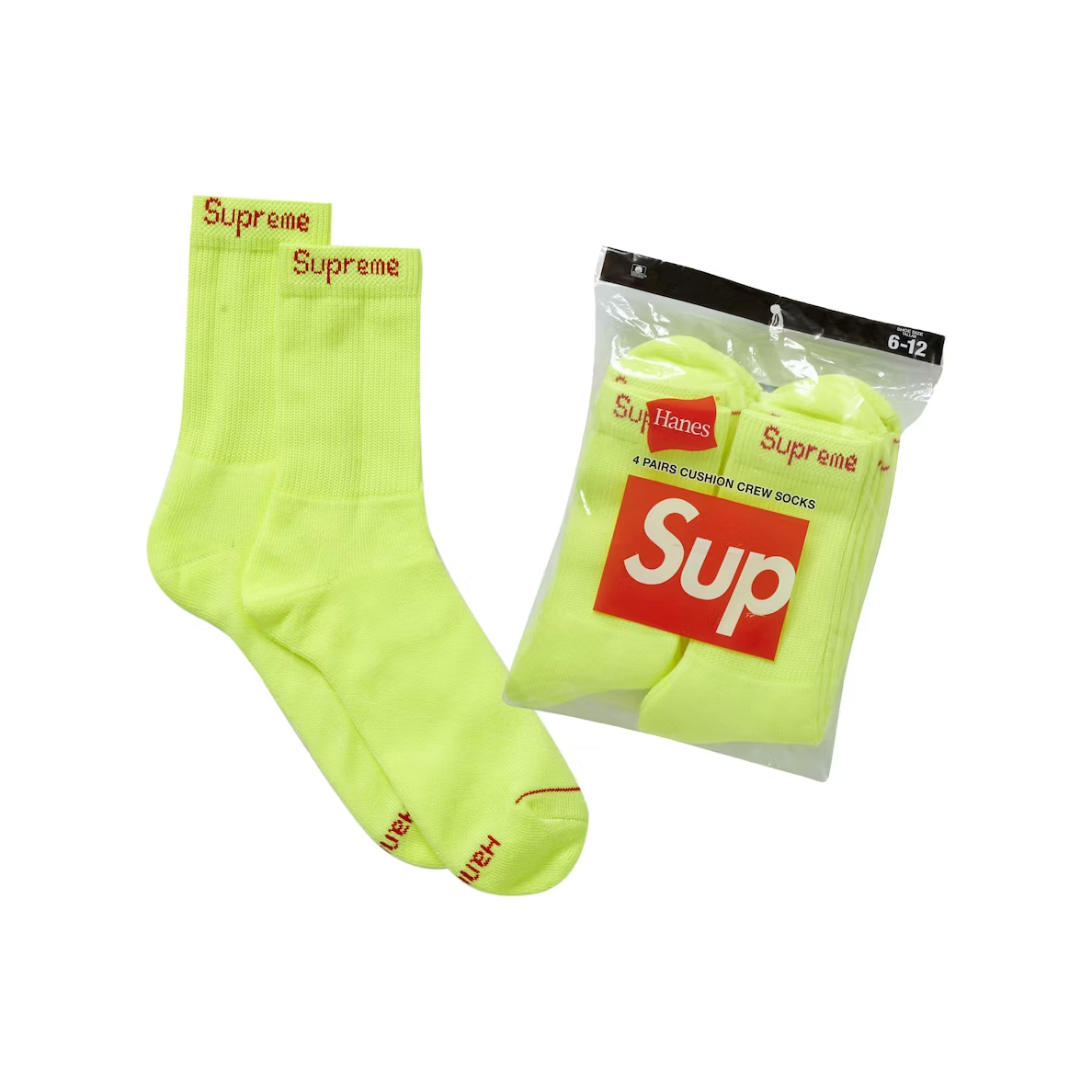 Supreme Hanes Crew Socks (4 Pack) Flourescent Yellow