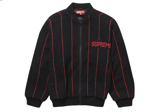 Supreme Pinstripe Varsity Zip Up Sweater Black