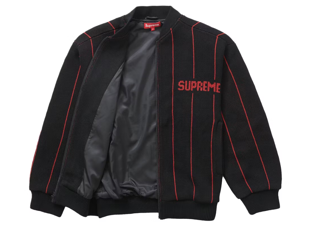 Supreme Pinstripe Varsity Zip Up Sweater Black