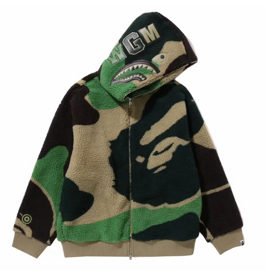 BAPE MEGA ABC Camo Shark Boa Hoodie Jacket Green