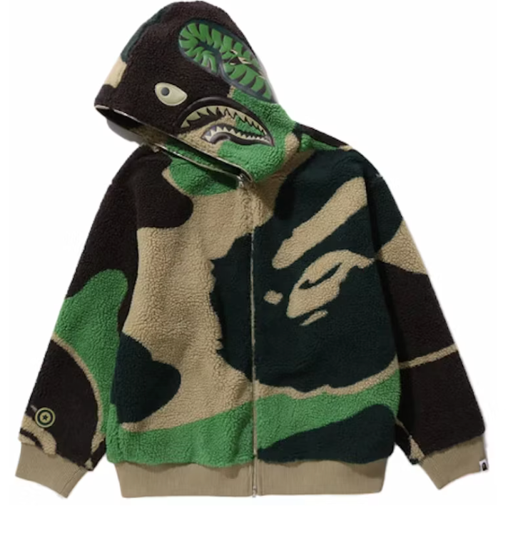 BAPE MEGA ABC Camo Shark Boa Hoodie Jacket Green