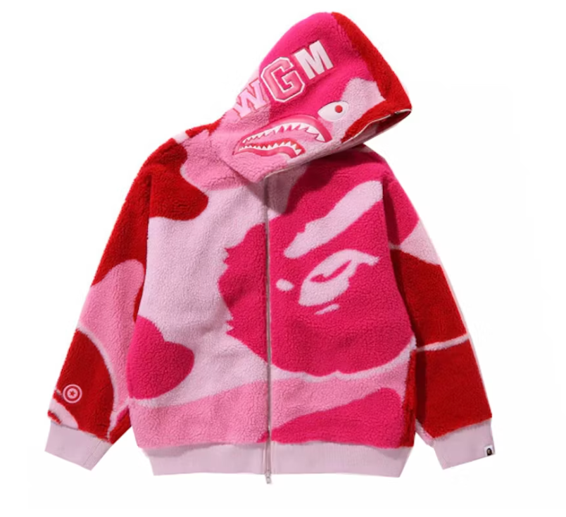 BAPE MEGA ABC Camo Shark Boa Hoodie Jacket Pink