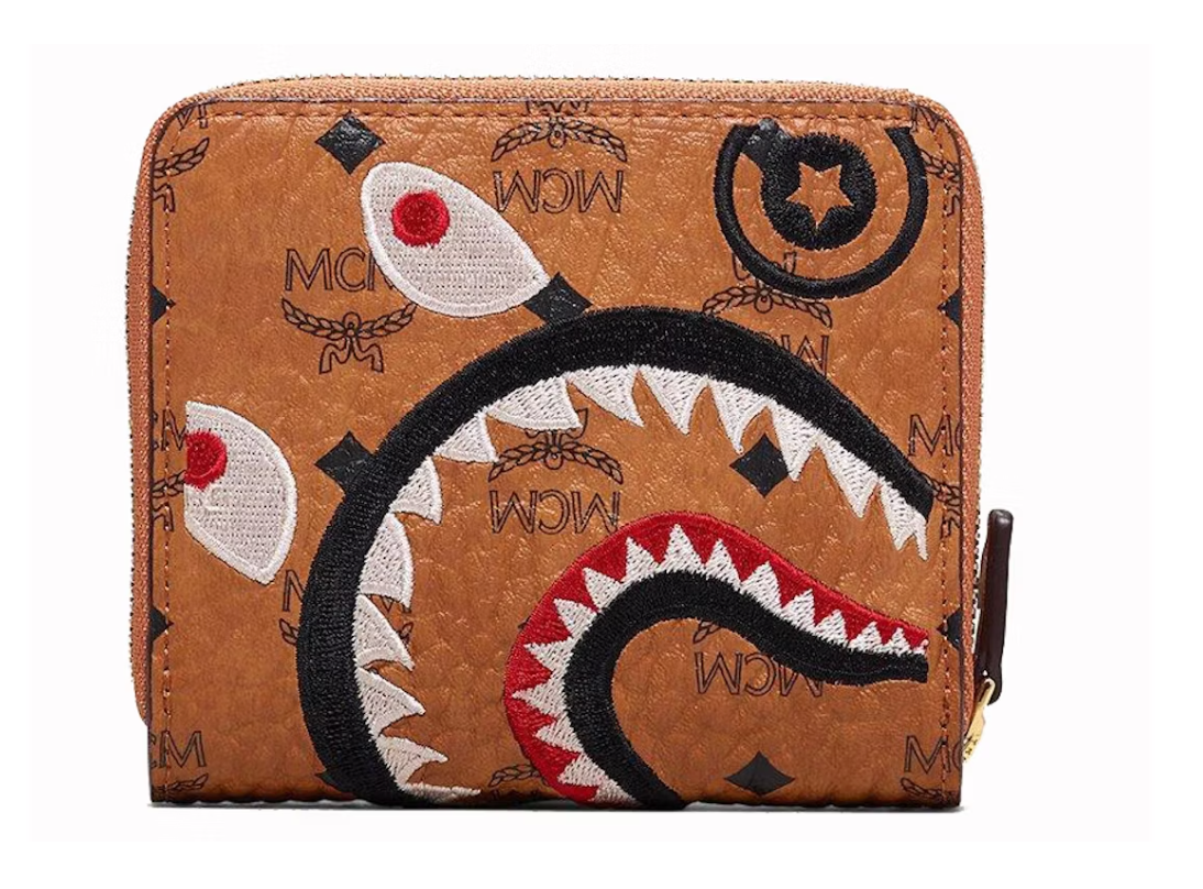 MCM x BAPE Shark Zip Wallet Visetos Mini Cognac