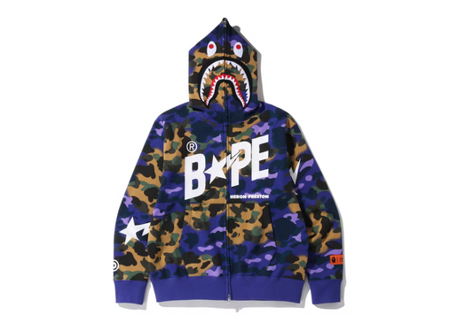 BAPE x Heron Preston Mix 1st Camo Shark Relaxed Fit Full Zip Hoodie Purple