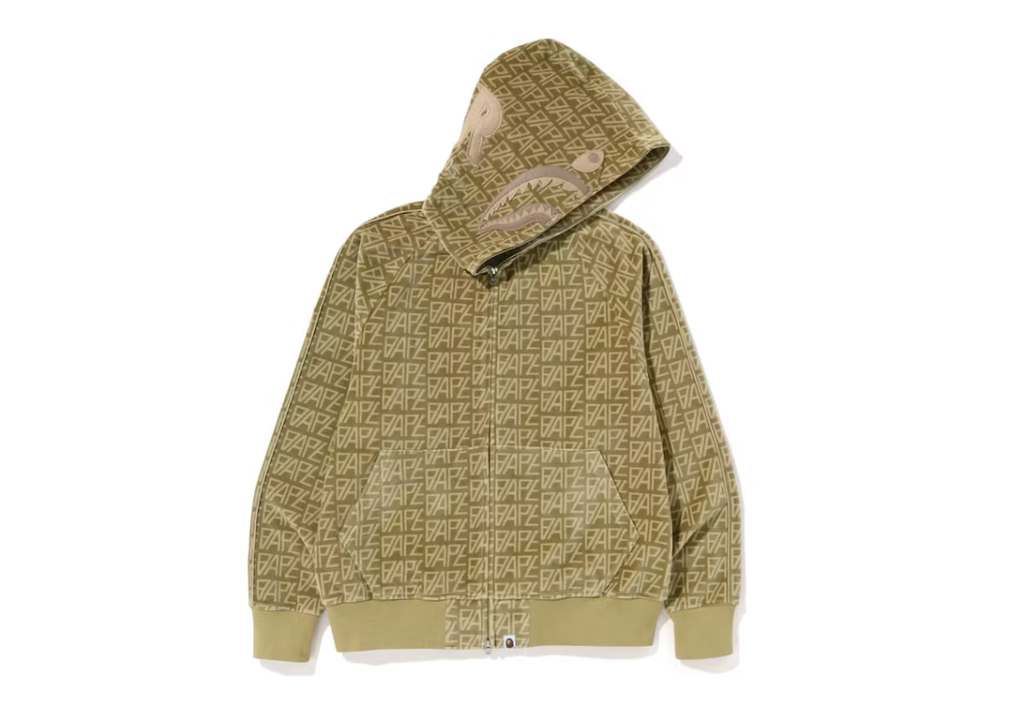 BAPE Logo Monogram Velour Shark Full Zip Hoodie Beige