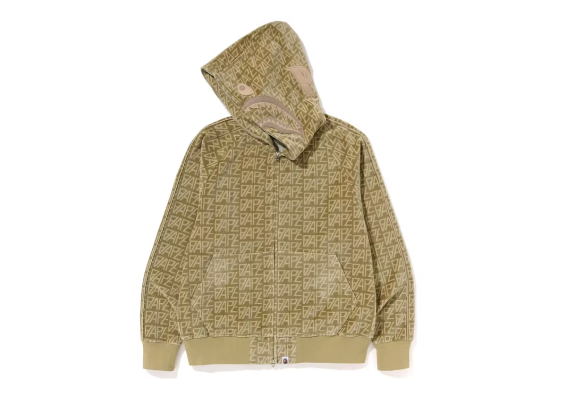 BAPE Logo Monogram Velour Shark Full Zip Hoodie Beige