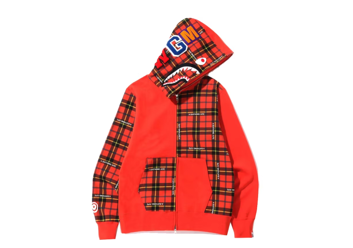 BAPE Logo Check Shark Full Zip Hoodie Red