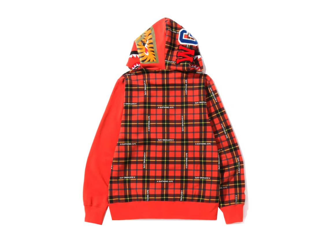 BAPE Logo Check Shark Full Zip Hoodie Red