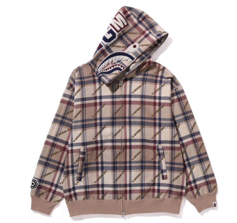 BAPE Logo Check Pattern Shark Full Zip Hoodie Beige