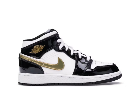 Jordan 1 Mid Patent Black White Gold (GS)