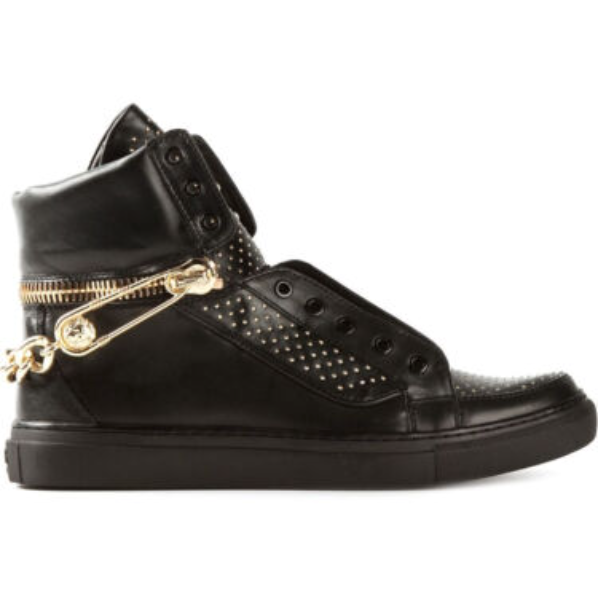 VERSACE VERSUS Black Studded Leather Sneakers w/ Chain & Pin (PRE-OWNED