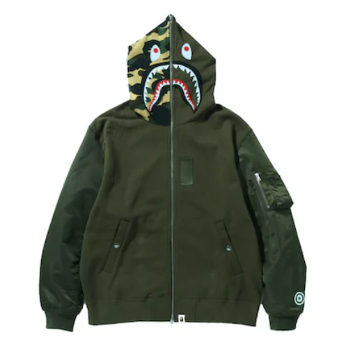 BAPE Military Shark Relaxed Fit Full Zip Hoodie Olivedrab