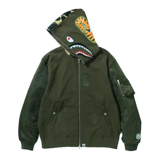BAPE Military Shark Relaxed Fit Full Zip Hoodie Olivedrab